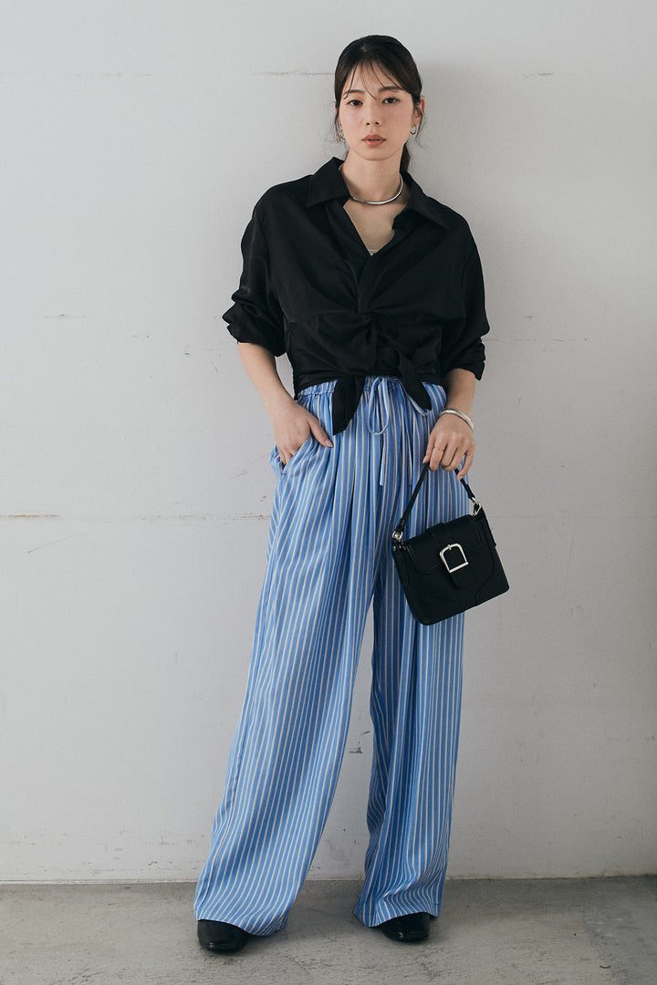 [SET]裾巻きツイストデザインシャツ+レーヨンストライプイージーワイドパンツ(2set)