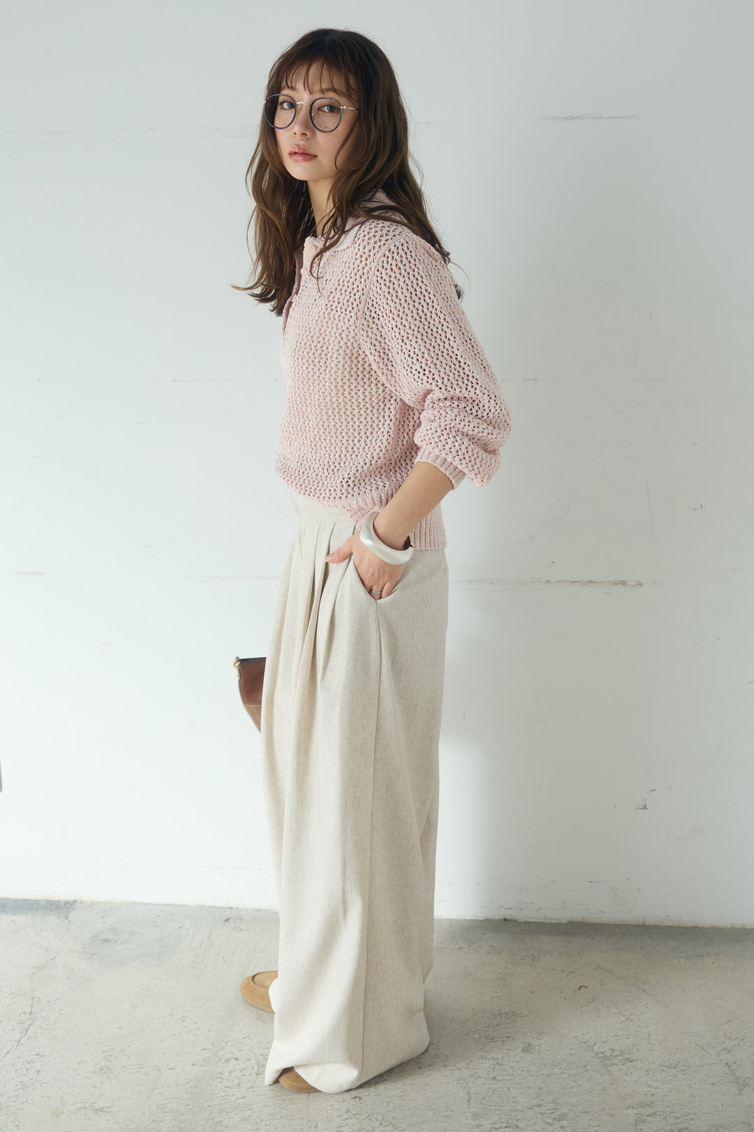 [SET]ミックスメッシュポロニット+麻混タックワイドパンツ(2set)