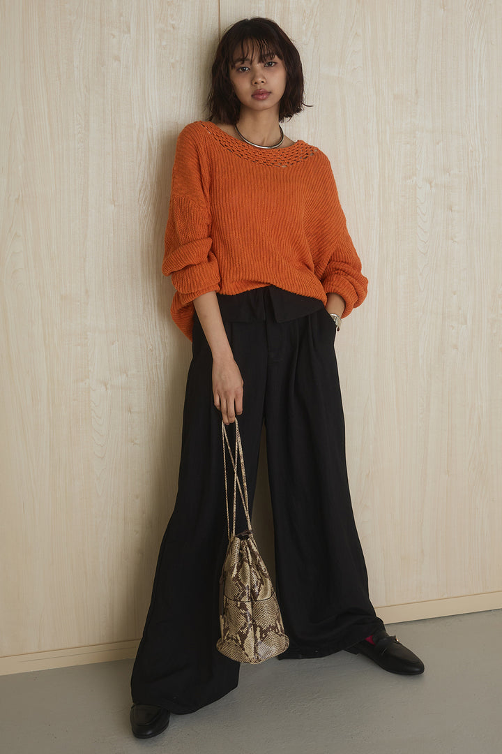 [SET]ネック編みデザインニットトップス+ウエスト折り返しワイドパンツ(2set)