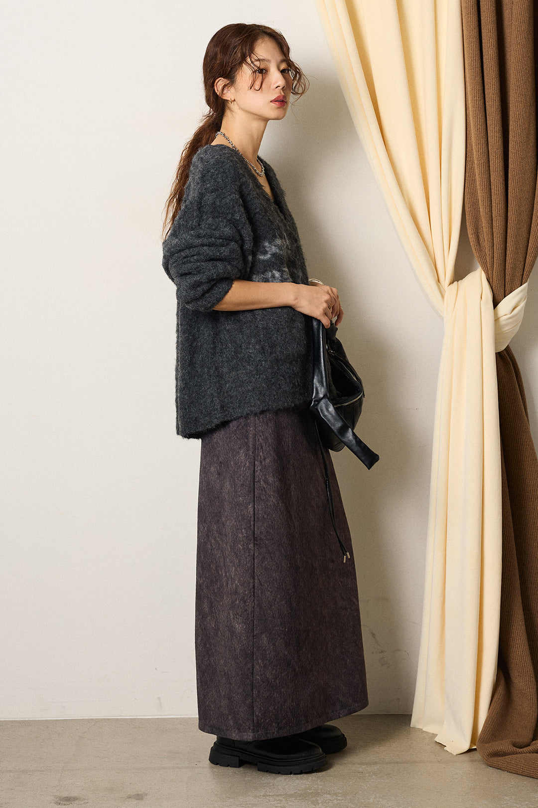 [SET]ウール混透かしロゴニットカーディガン+ロープベルト付きスウェード調スカート(2set)