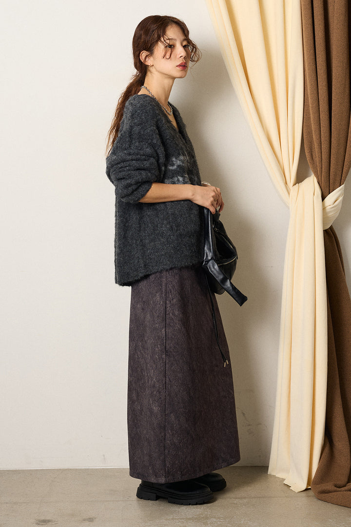 [SET]ウール混透かしロゴニットカーディガン+ロープベルト付きスウェード調スカート(2set)