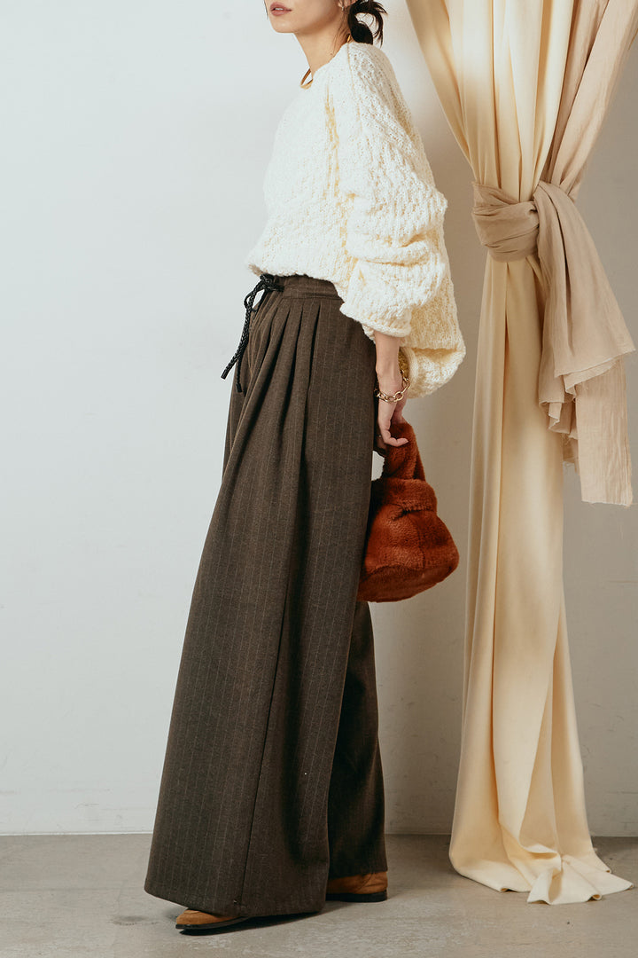 [SET]ボリューム編みニットプルオーバー+編みベルト付きピンストライプワイドパンツ(2set)