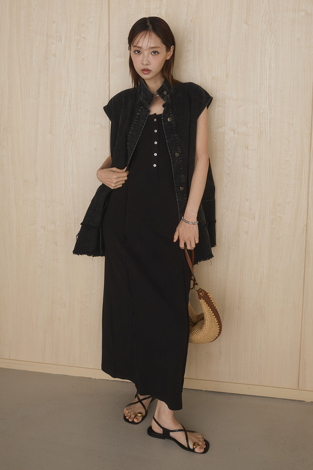 [SET]ケミカルデニムヘムカットオフジレ+ノースリロングワンピース(2set)