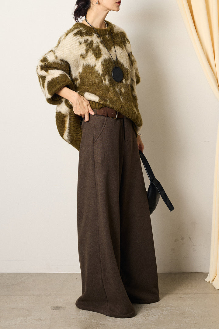 [SET]モヘアタッチマーブルニット+サイドベルトパンツ(2set)