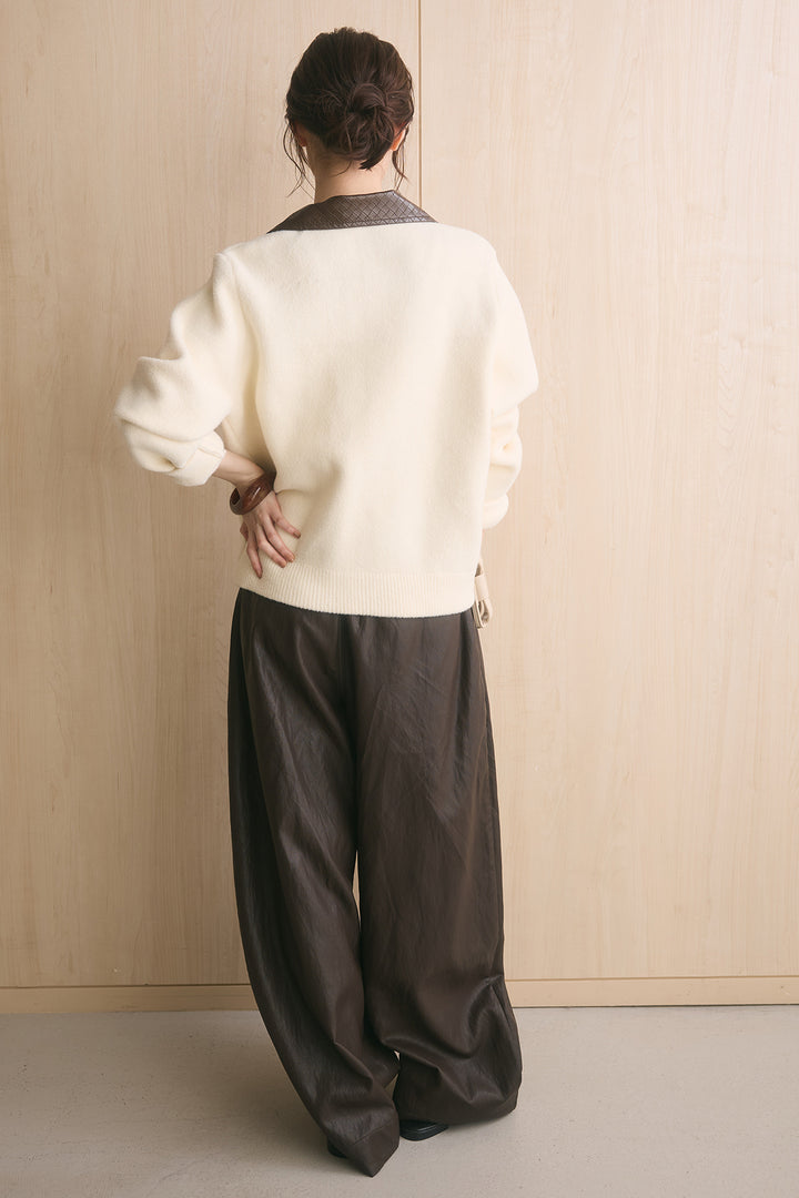 [SET]襟レザーライクジップブルゾン+フェイクレザーカーブワイドパンツ(2set)