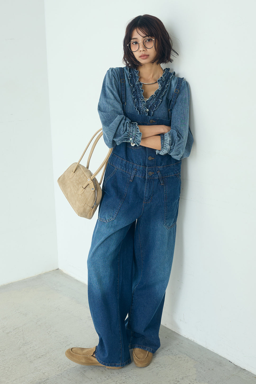 [SET]Vネックデニムフリルトップス+デニムサロペットワイドパンツ(2set)