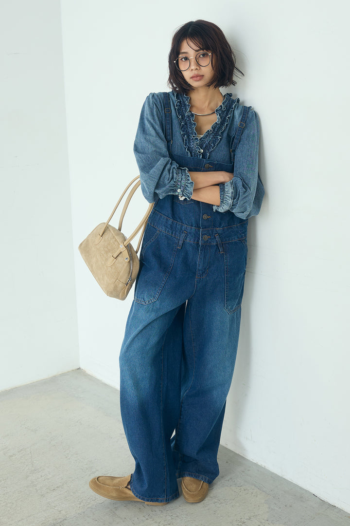 [SET]Vネックデニムフリルトップス+デニムサロペットワイドパンツ(2set)