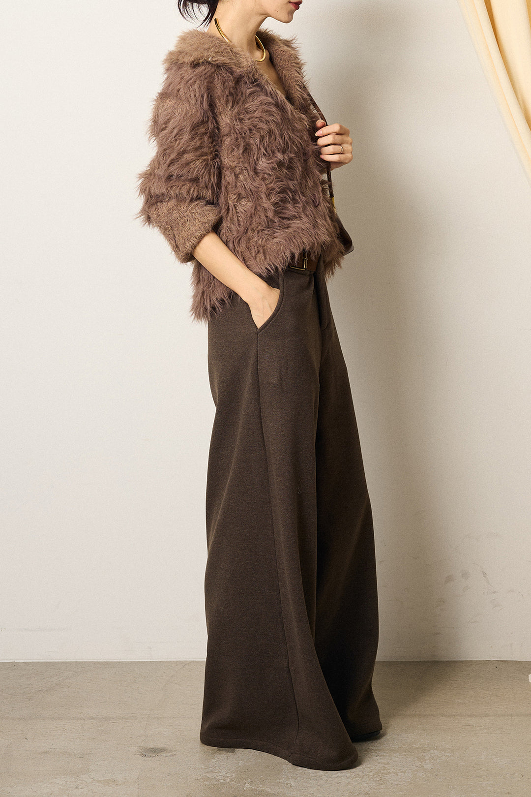 [SET]襟付きシャギーニットカーディガン+サイドベルトパンツ(2set)