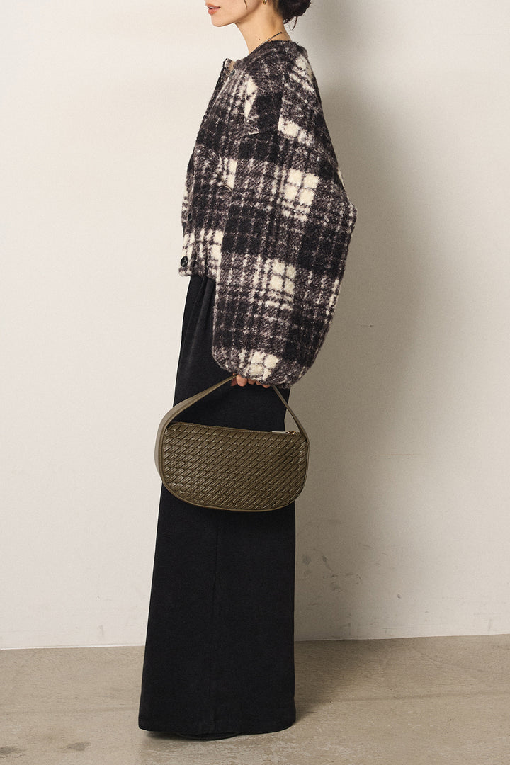 [SET]ノーカラーチェック柄ボアブルゾン+ベルトループコーデュロイワイドパンツ(2set)