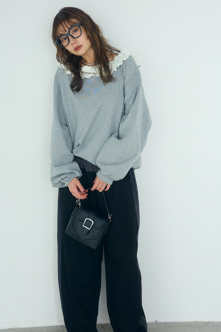 [SET]ネックギャザーフリルスウェット+異素材切り替えスウェットパンツ(2set)