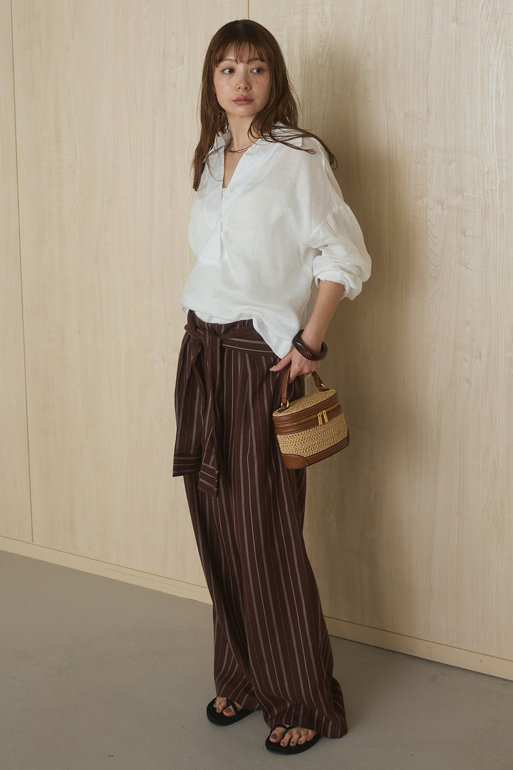 [SET]襟付きボタンブラウス+ウエスト巻きピンストライプパンツ(2set)