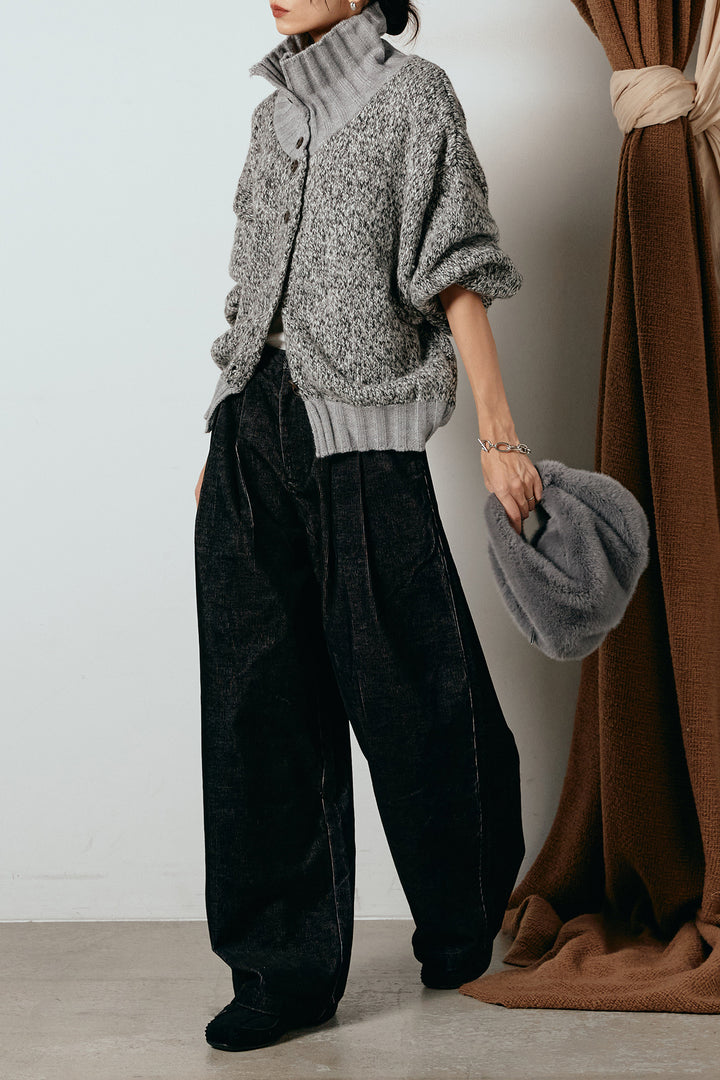 [SET]ハイネックミックスニットカーディガン+フロントタック入りコーデュロイパンツ(2set)