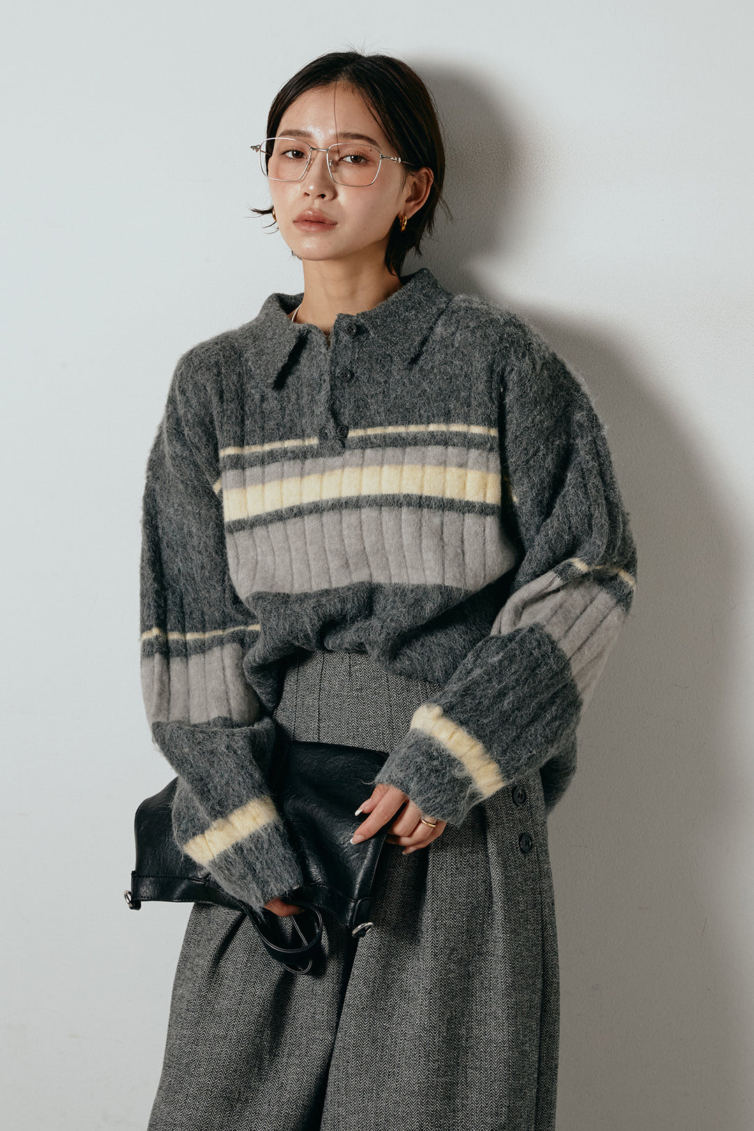 アルパカタッチボーダーポロニット/チャコール