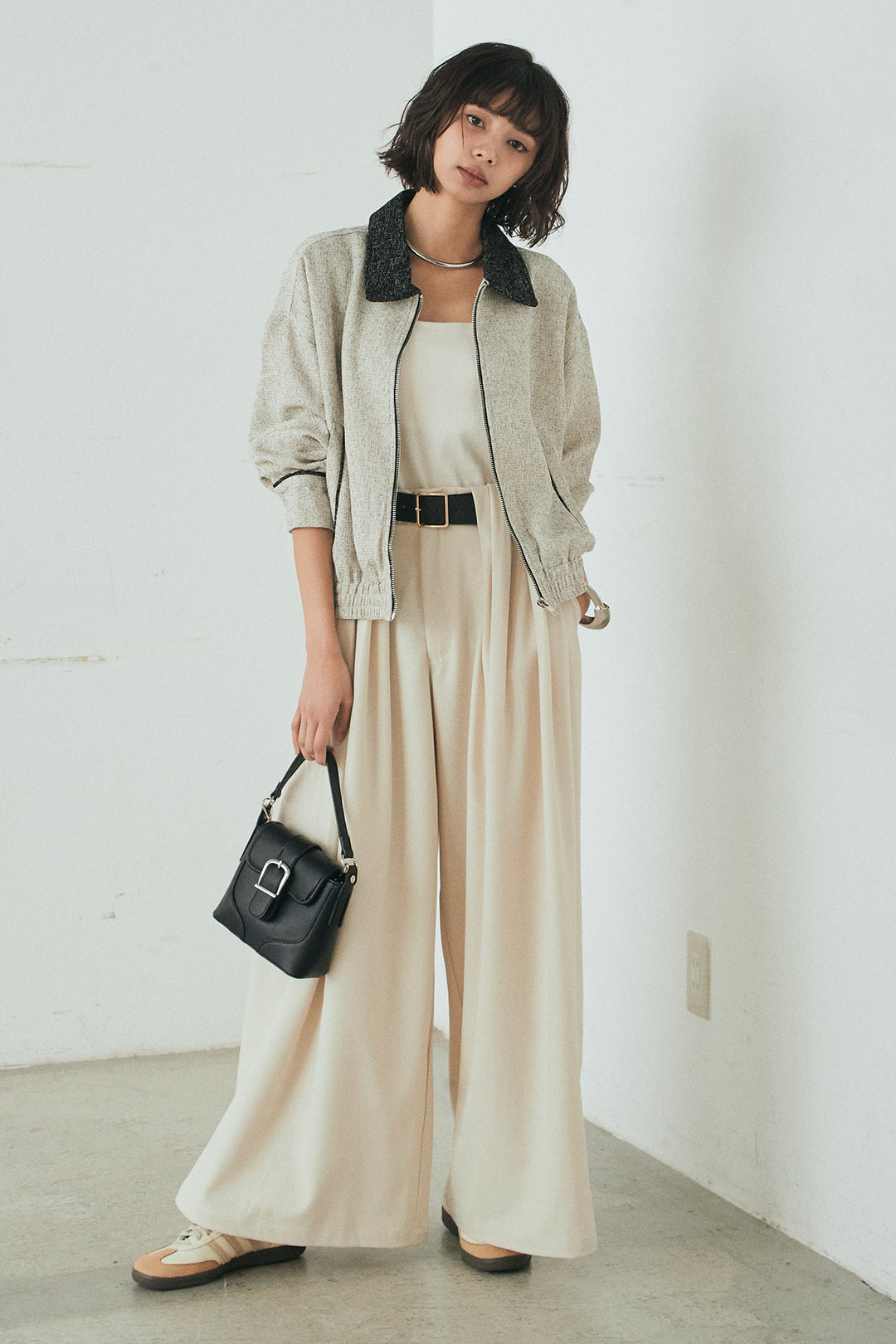 [SET]ツイード配色パイピングブルゾン+ベルト付きタックデザインハイウエストロングパンツ(2set)