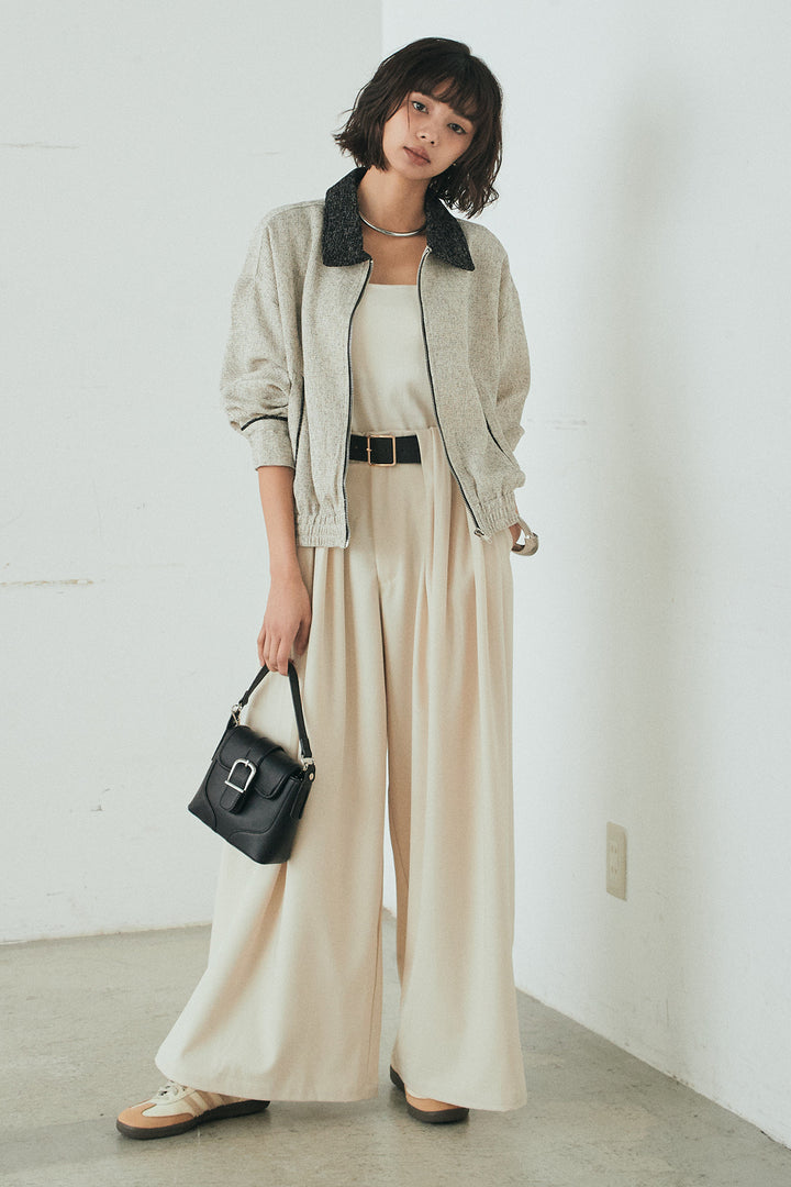 [SET]ツイード配色パイピングブルゾン+ベルト付きタックデザインハイウエストロングパンツ(2set)