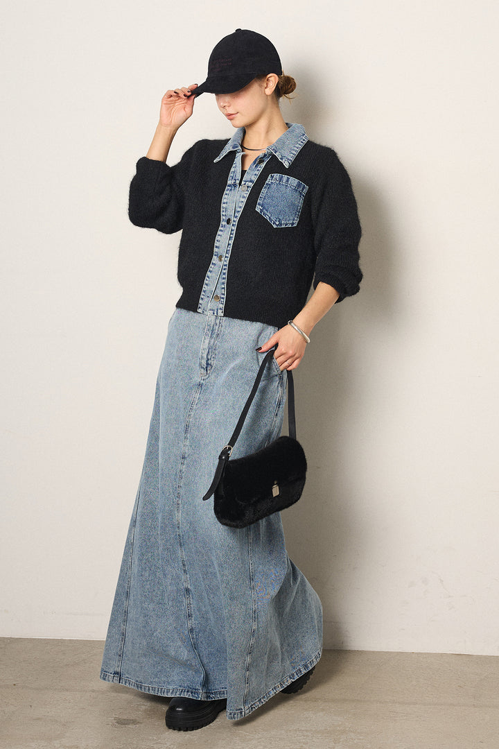 [SET]襟付きデニム切替ニットカーディガン+デニムロングフレアスカート(2set)