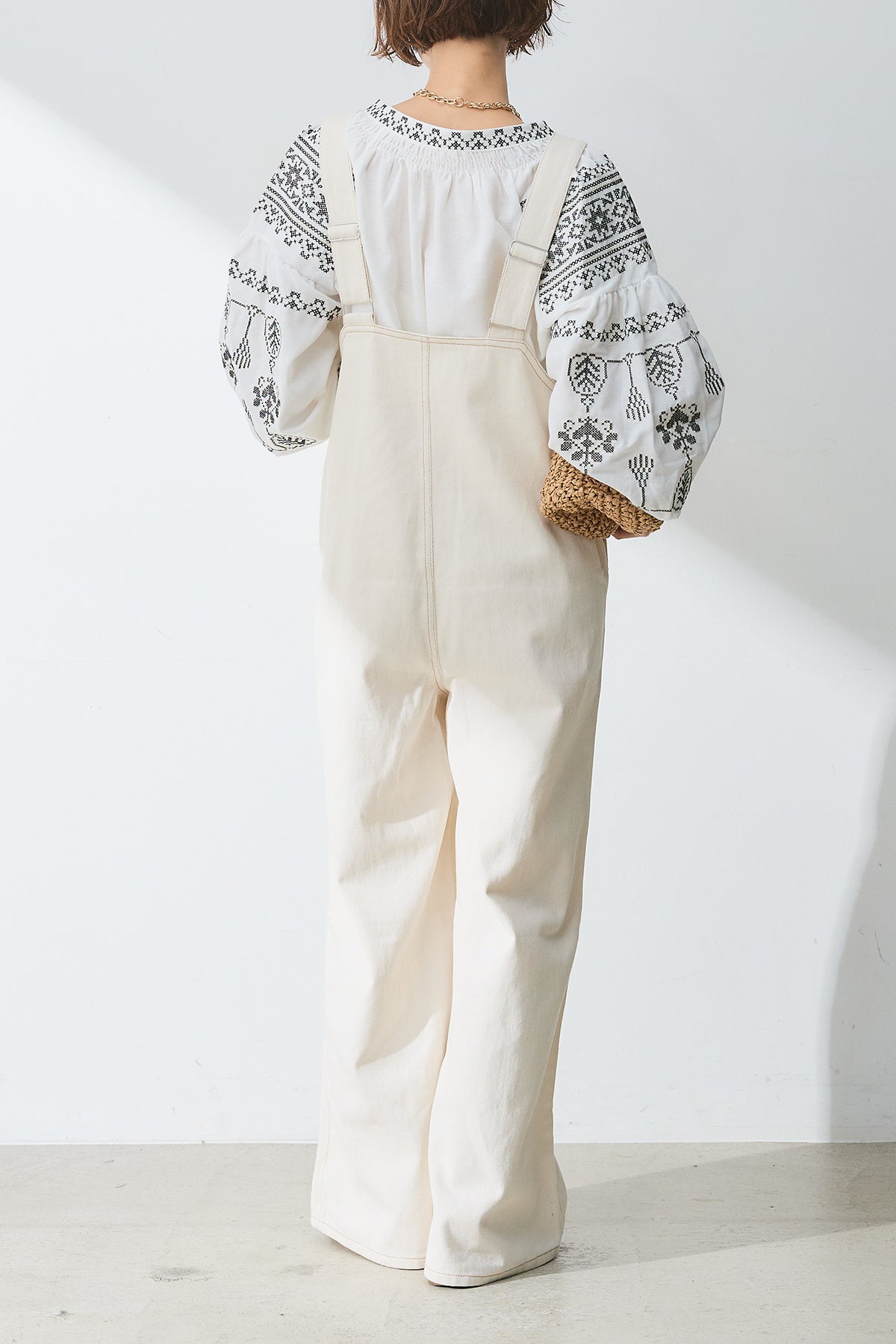 SET]刺繍バルーンブラウス+デニムフロントジップVネック