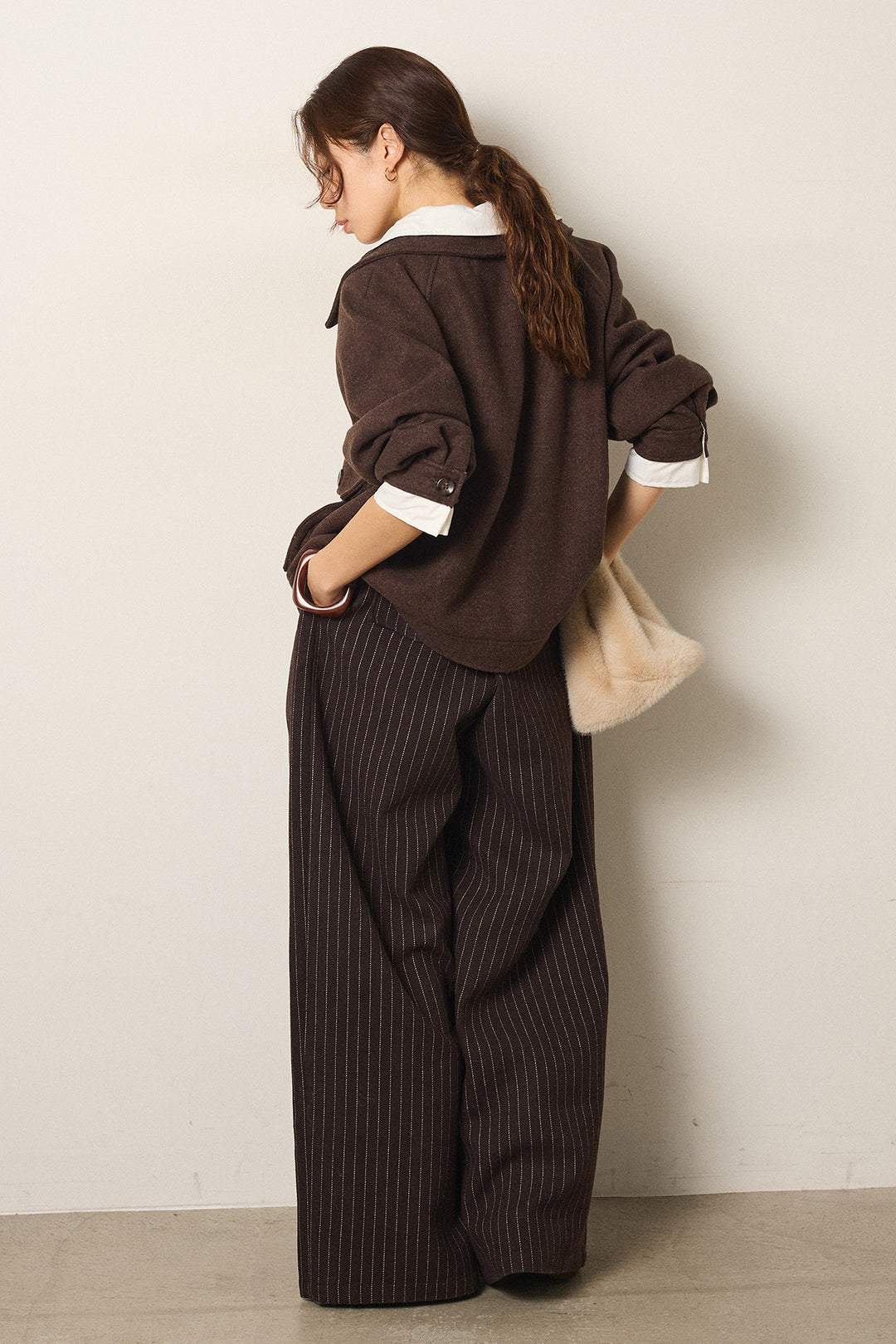 [SET]衿レイヤードフェイクウールジャケット+ウールライクストライプパンツ(2set)