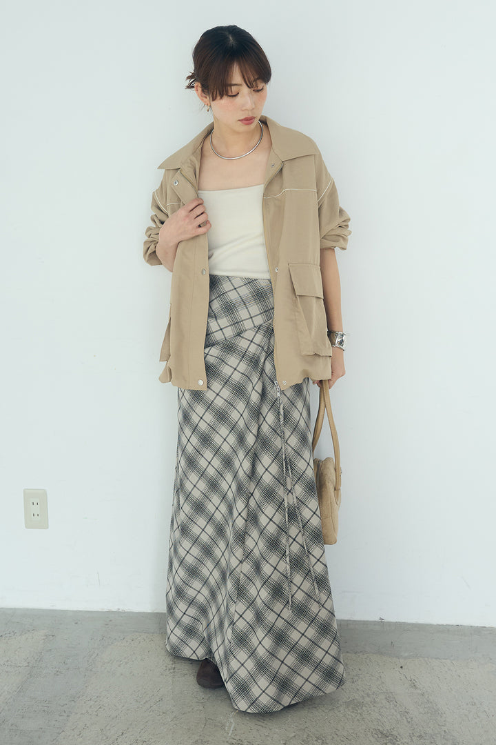 [SET]合繊ツイルバルーンジャケット+タータンチェック柄フロントデザインスカート(2set)