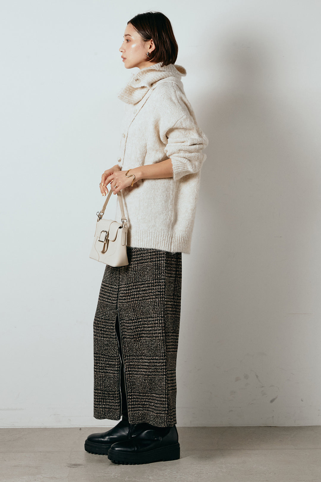 [SET]ケープデザインケーブルニットトップス+グレンチェック柄フロントジップタイトスカート(2set)