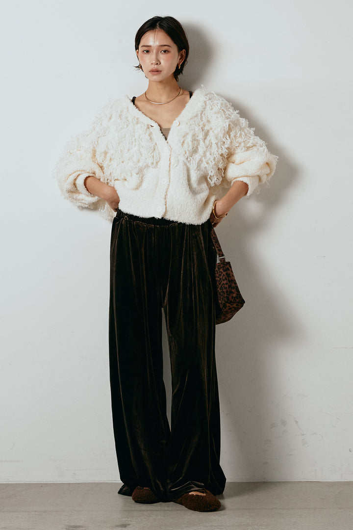 [SET]ループ編みVネックニットカーディガン+ベロアサスペンダー付きパンツ(2set)