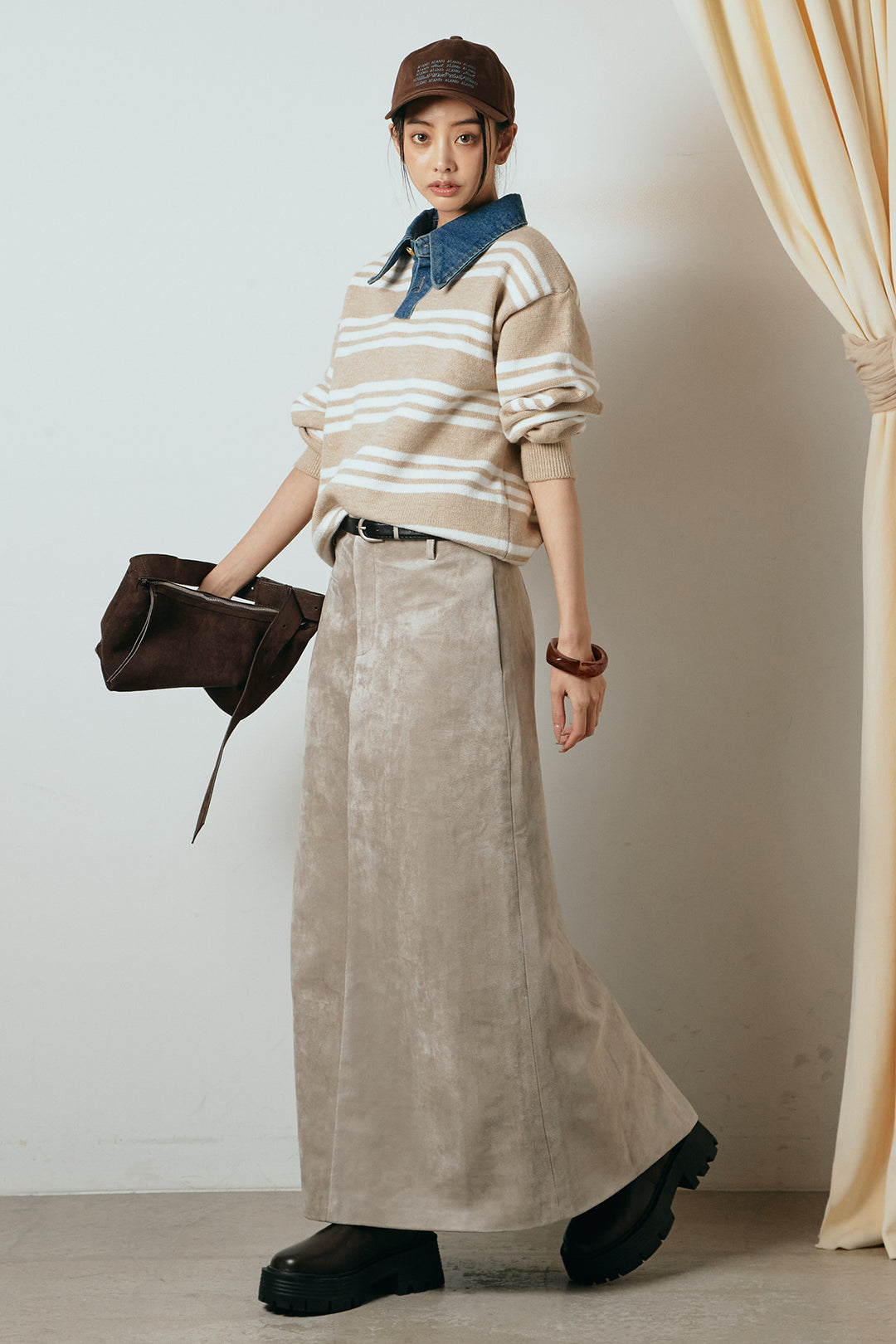 [SET]デニムレイヤード風ランダムボーダーニットプルオーバー+エコスウェードワイドスカート(2set)