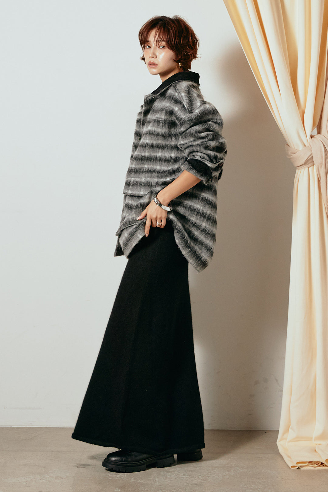 [SET]チェックシャギーミドルカバーオール+ノースリーブニットロングワンピース(2set)