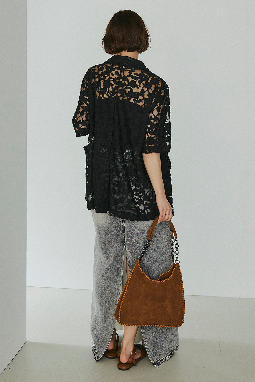 [SET]シアージャガードハーフスリーブテーラードジャケット+サテン切り替えデニムスカート(2set)