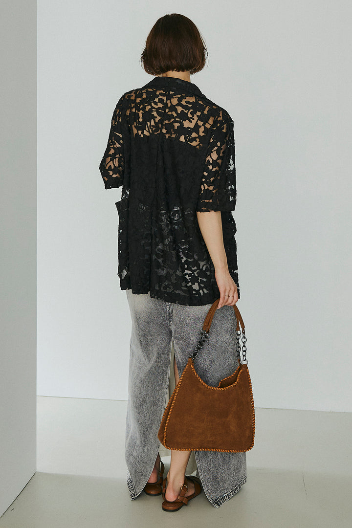 [SET]シアージャガードハーフスリーブテーラードジャケット+サテン切り替えデニムスカート(2set)