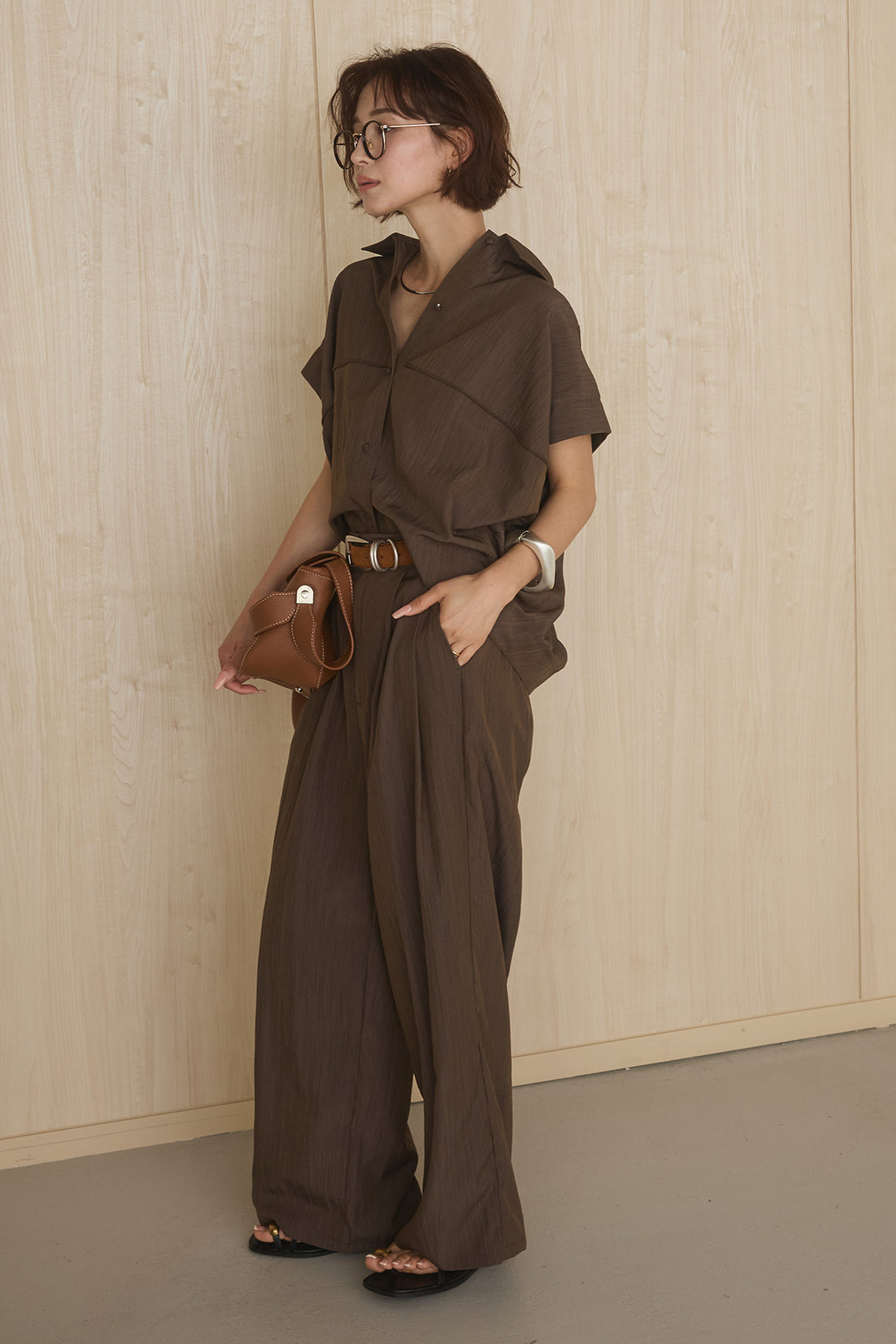 [SET]リネンライクランタンノースリシャツ+リネンライク2タックワイドパンツ(2set)