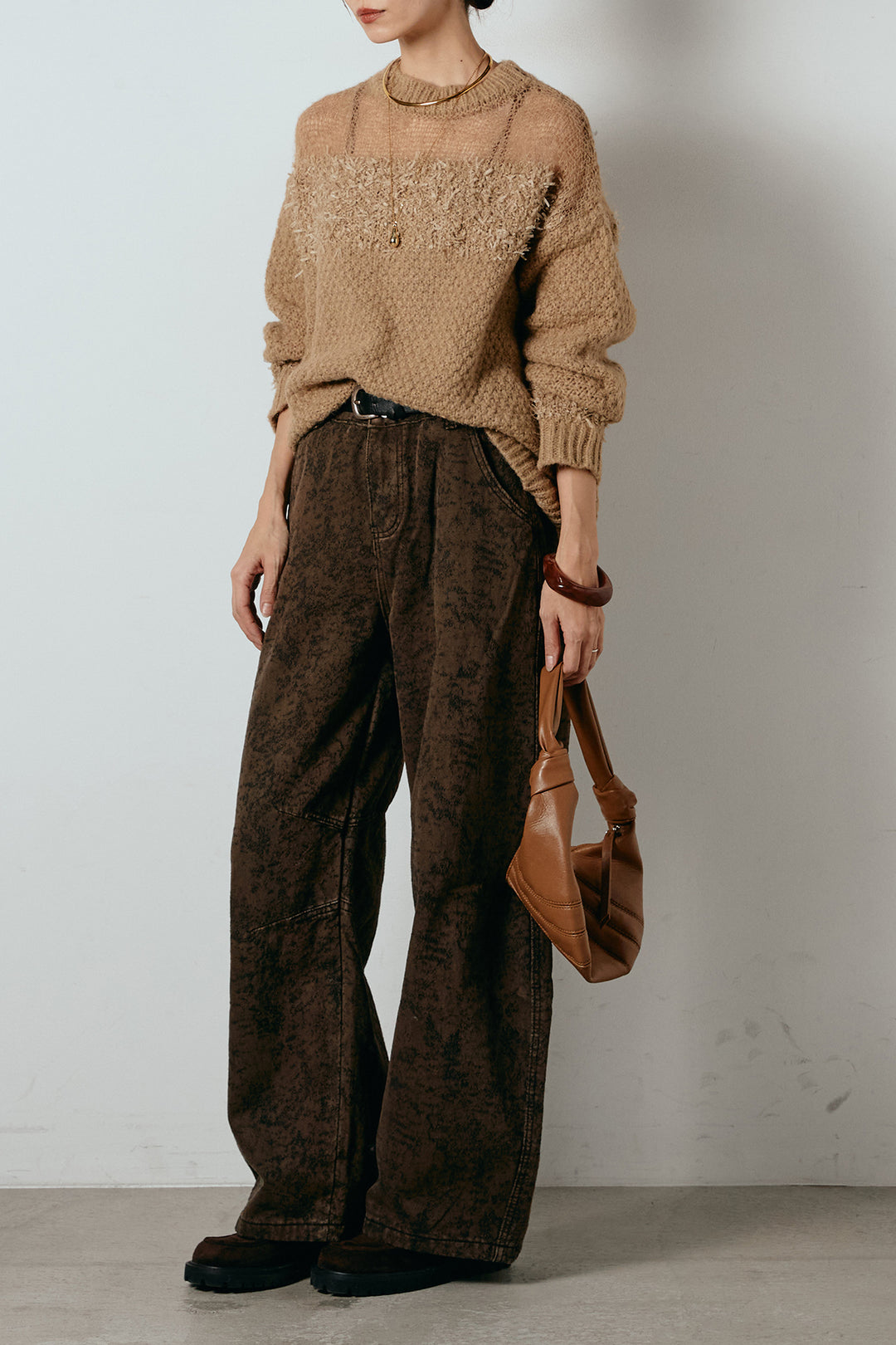 [SET]パターンランダム編みニットトップス+ベルト付きニュアンス柄カーブワイドパンツ(2set)