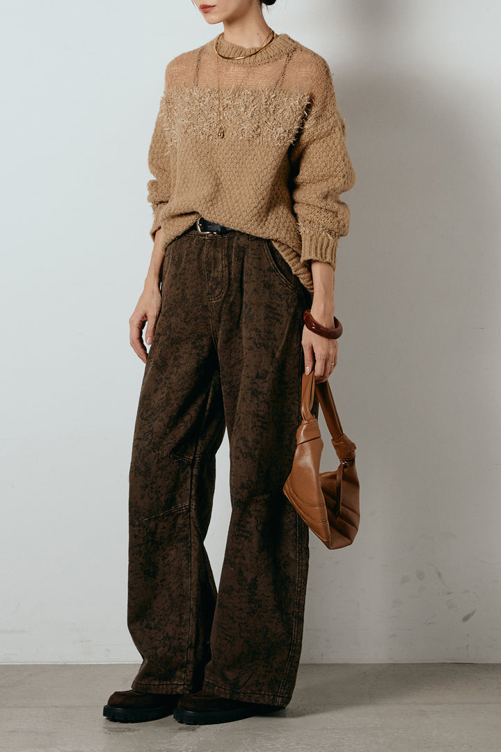 [SET]パターンランダム編みニットトップス+ベルト付きニュアンス柄カーブワイドパンツ(2set)