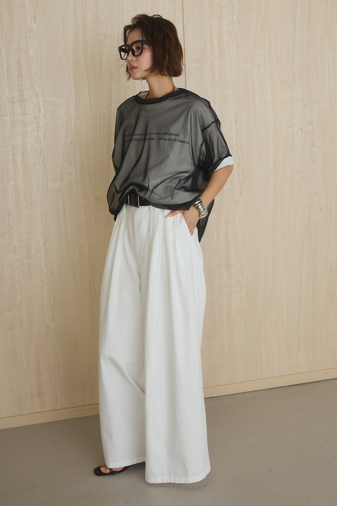 [SET]綿天竺Tシャツ×チュールトップス+ベルト付きビックループワイドパンツ(2set)