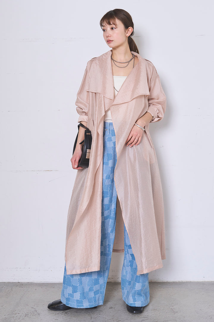 [SET]ロングシアーアウター+パッチワーク風デニムワイドパンツ(2set)