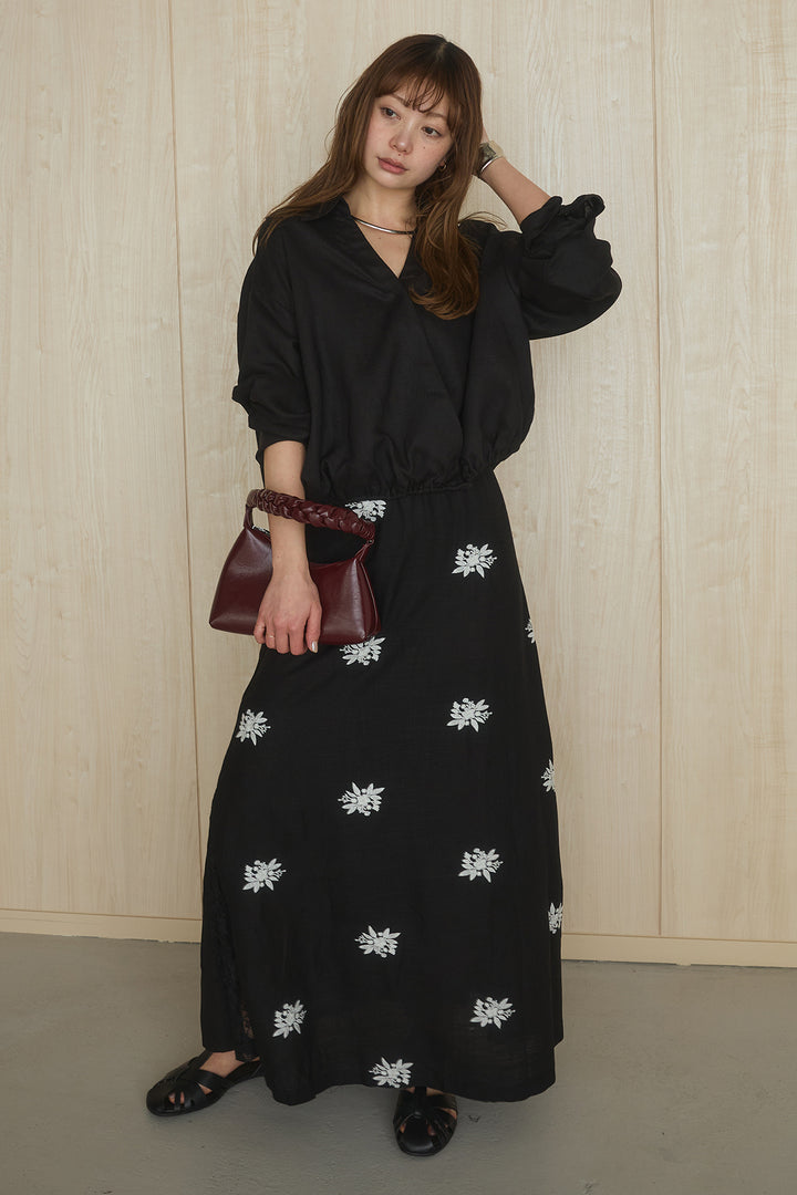 [SET]麻混襟付きトップス+レースコンビフラワー刺繍柄スカート(2set)