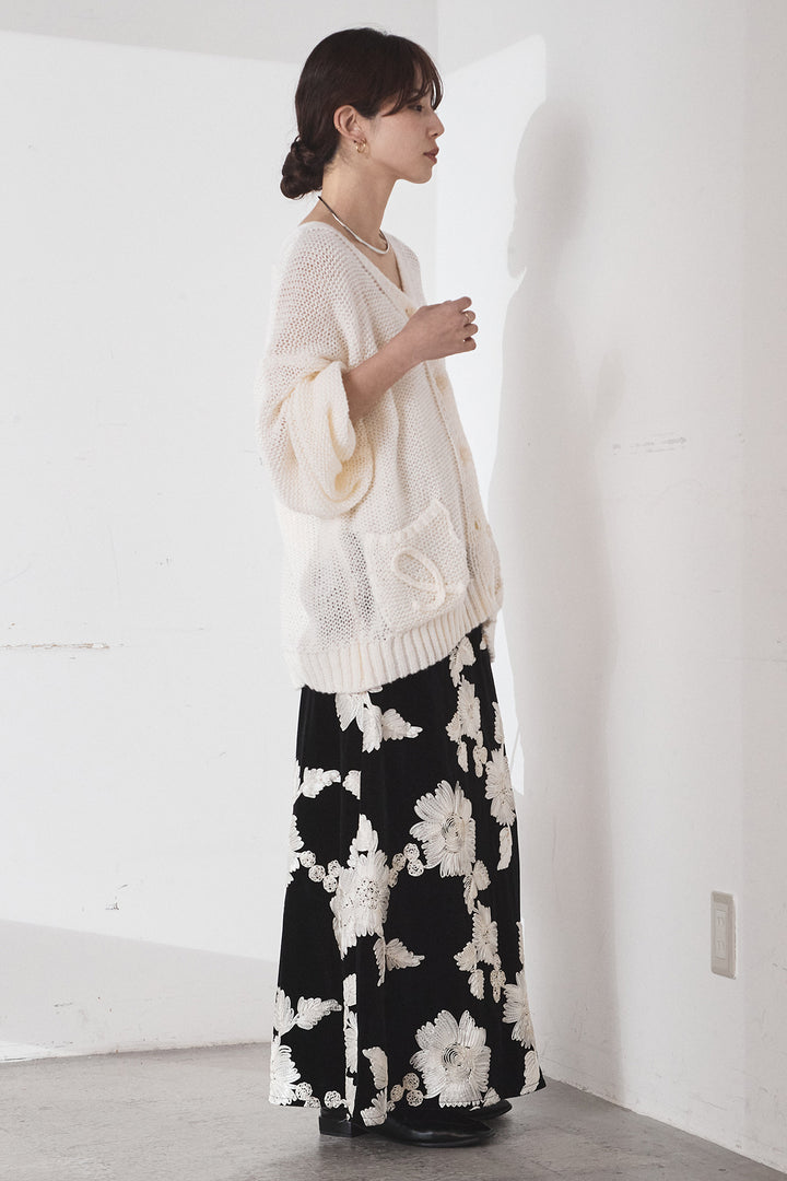 [SET]コード刺繍リラックスニットカーディガン+フラワー刺繍ワイドスカート(2set)