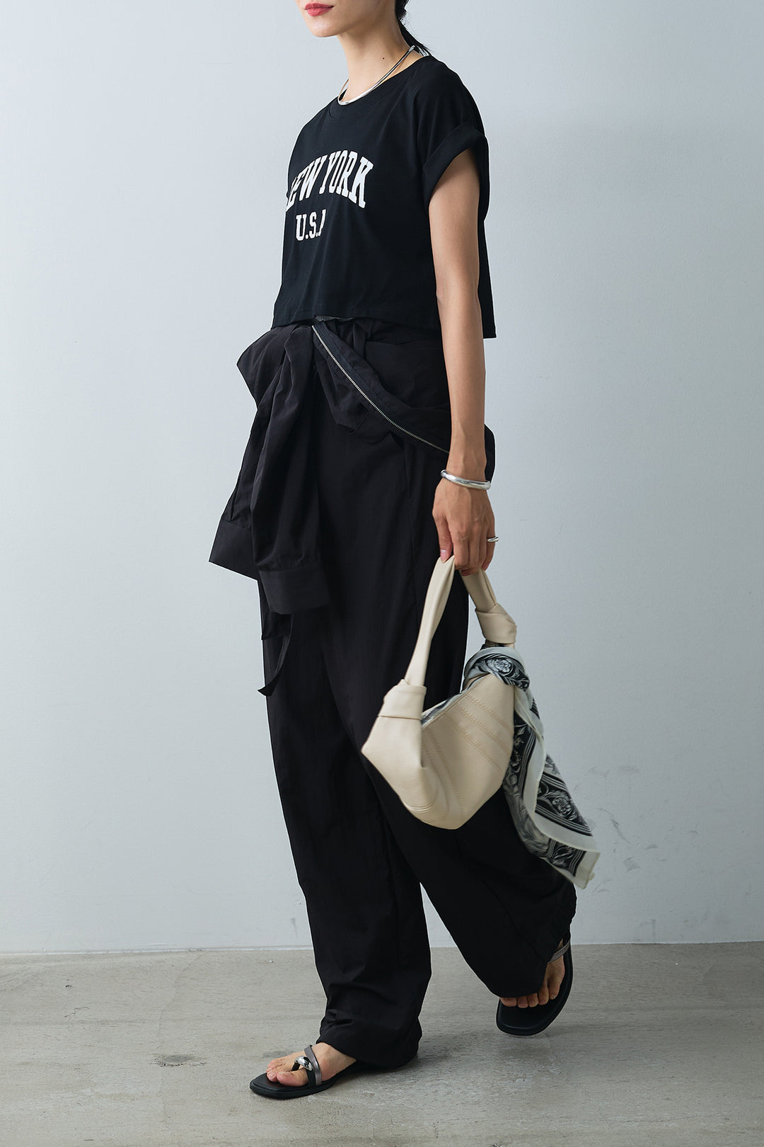 [SET]ショート丈NEWYORKロゴTシャツ+合繊ジャンプスーツ(2set)