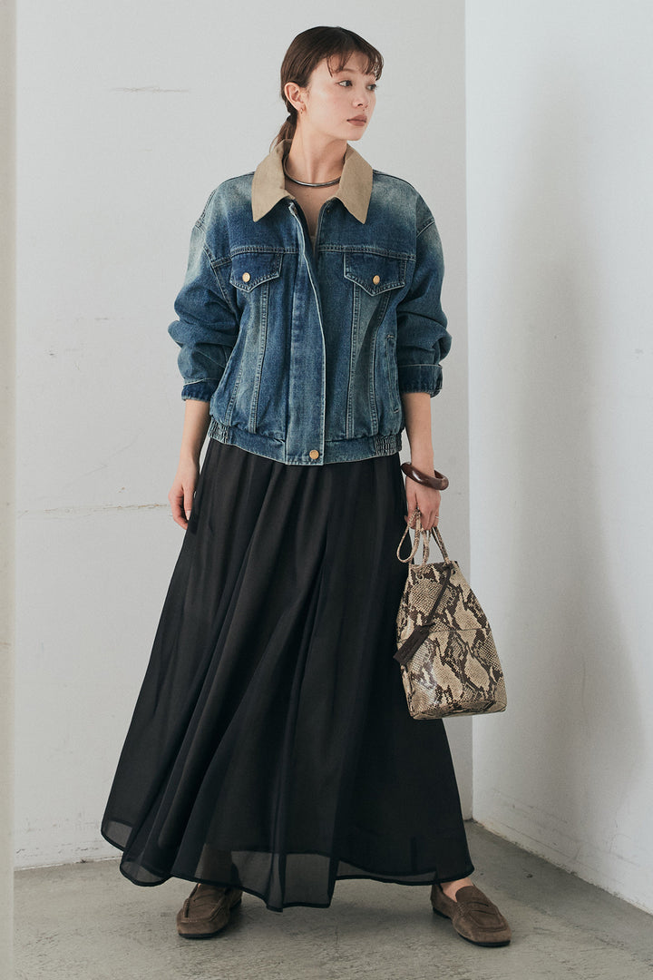 [SET]襟切り替えジップデニムジャケット+リラックスシアーフレアスカート(2set)