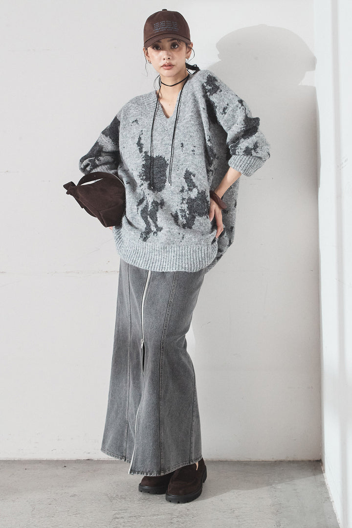 [SET]アブストラクト柄ニットプルオーバー+フロントジップデニムスカート(2set)