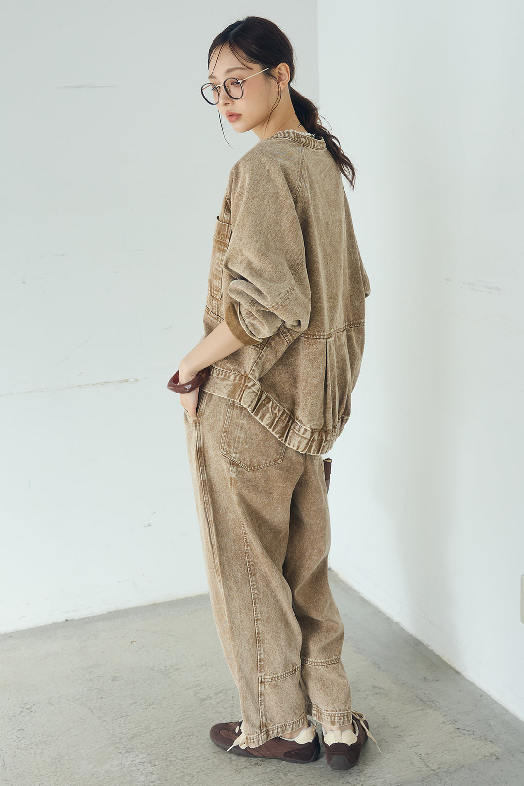 [SET]カラーデニムケミカル加工ノーカラーブルゾン+カラーデニムケミカル加工コクーンパンツ(2set)