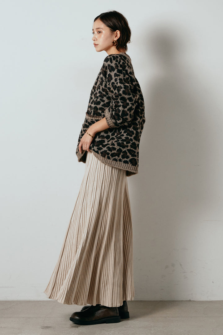 [SET]ステッチデザインレオパードニットカーディガン+リブニットフレアスカート(2set)