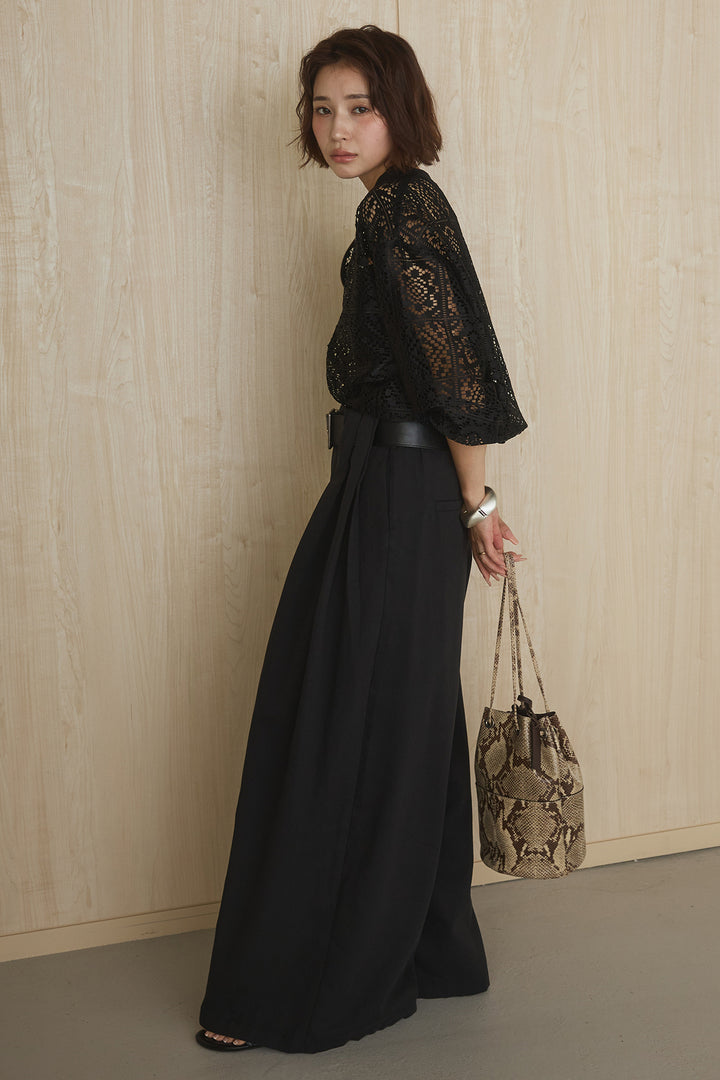 [SET]幾何レースブルゾン+ベルト付きビックループワイドパンツ(2set)