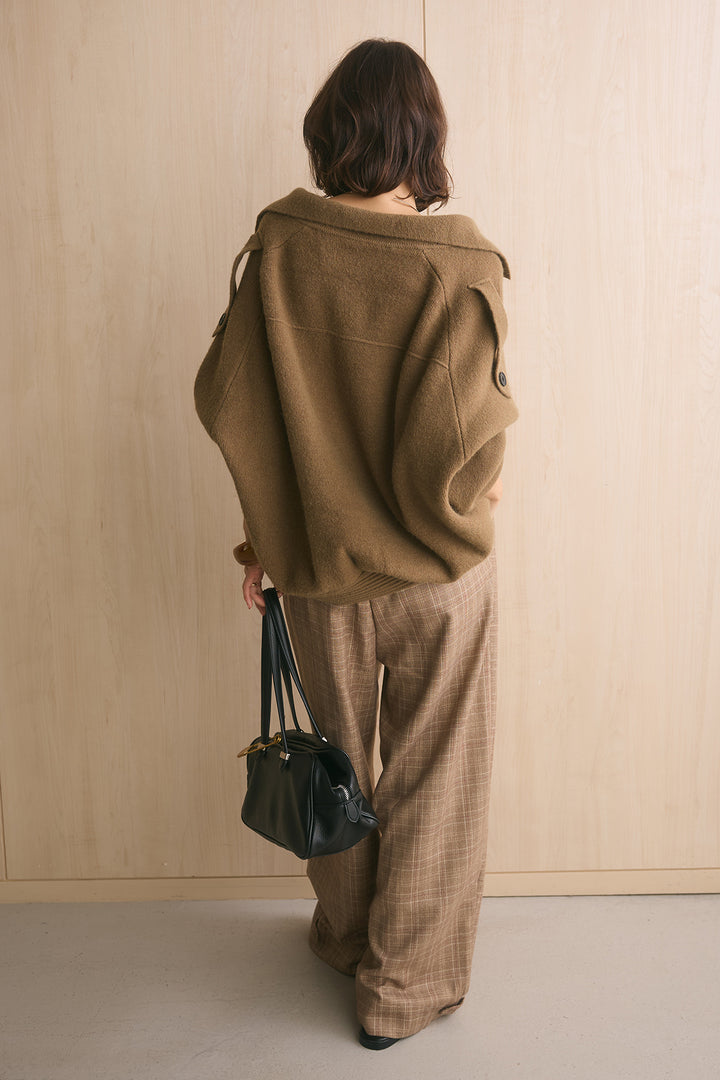 [SET]アシンメトリーデザインオーバーニットアウター+杢調ウィンドペンチェックタックパンツ(2set)