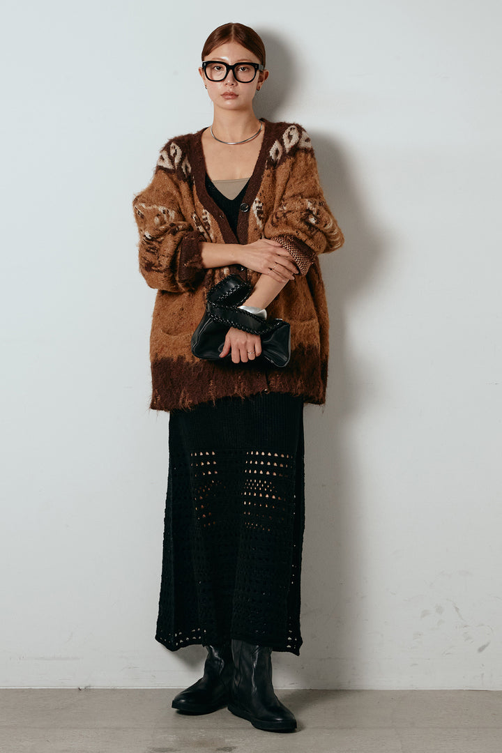 [SET]シャギーニュアンス柄ニットカーディガン+裾透かし編みキャミソールニットワンピース(2set)