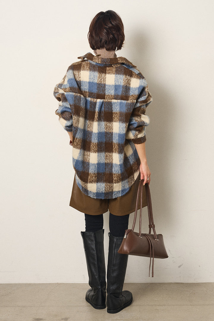 [SET]起毛チェック柄ポケットアウター+ストレッチエコレザーバミューダパンツ+リブニットシームレスタートルプルオーバー(3set)