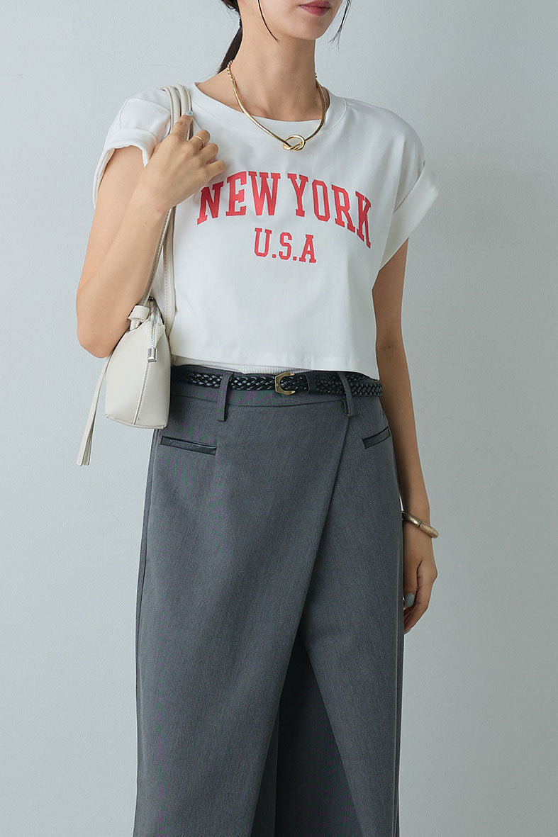 [SET]ショート丈NEWYORKロゴTシャツ+ベルト付きクロスデザインパンツ(2set)