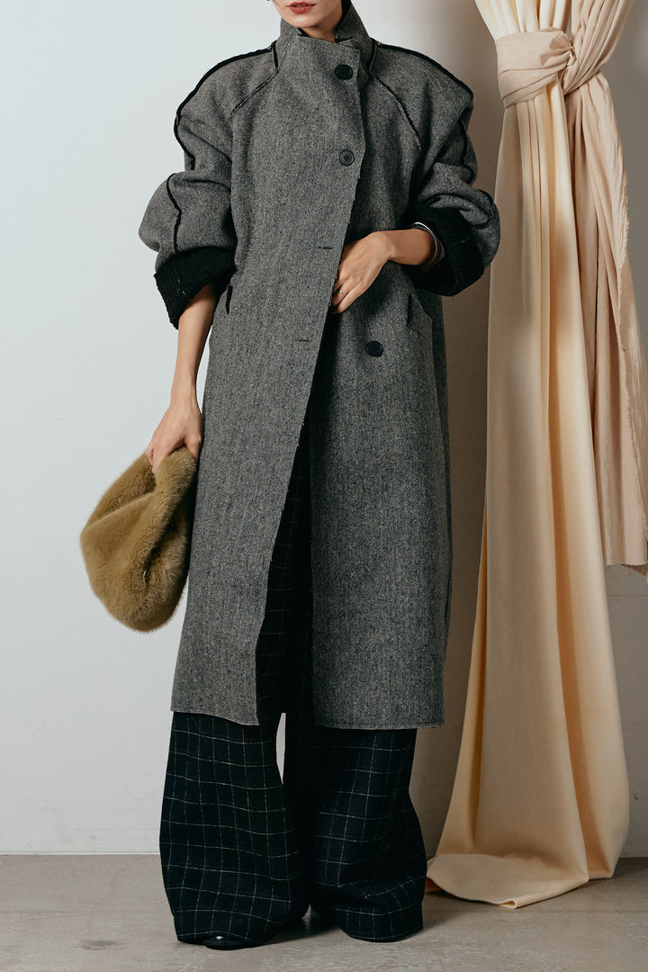 [SET]裏地ボアハイネックロングアウター+ウールライクチェックタックパンツ(2set)