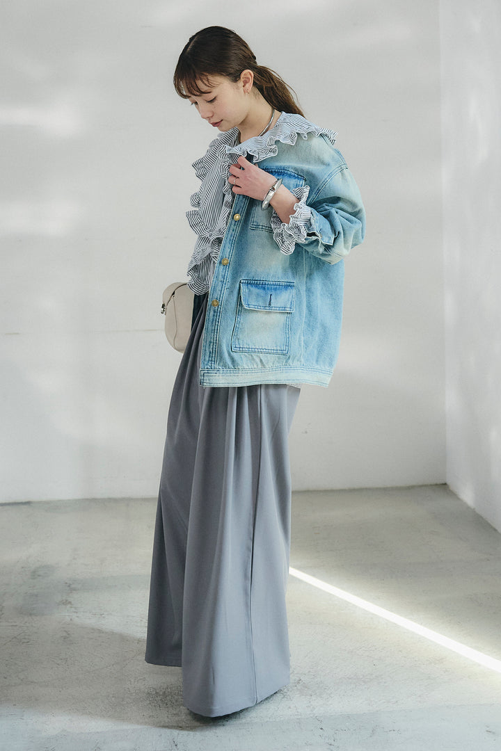 [SET]ノーカラーデニムポケットジャケット+コットンフリルブラウス+ベルト付きタックデザインハイウエストロングパンツ(3set)