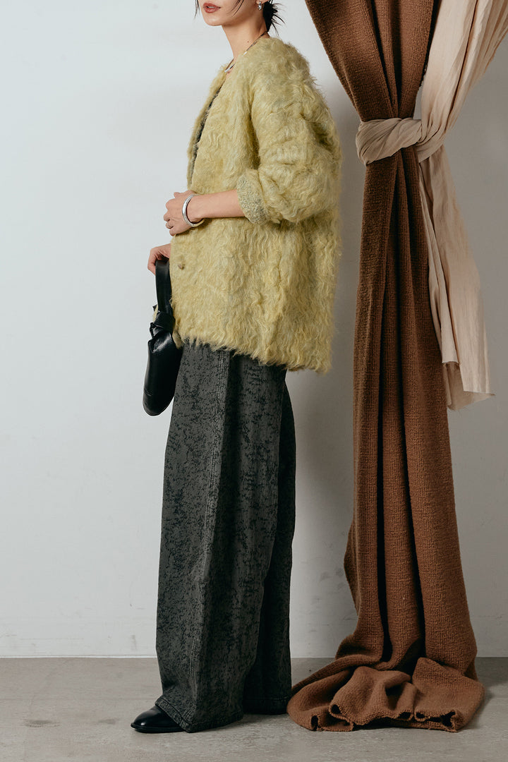 [SET]ウェーブシャギーニットジャケット+ベルト付きニュアンス柄カーブワイドパンツ(2set)