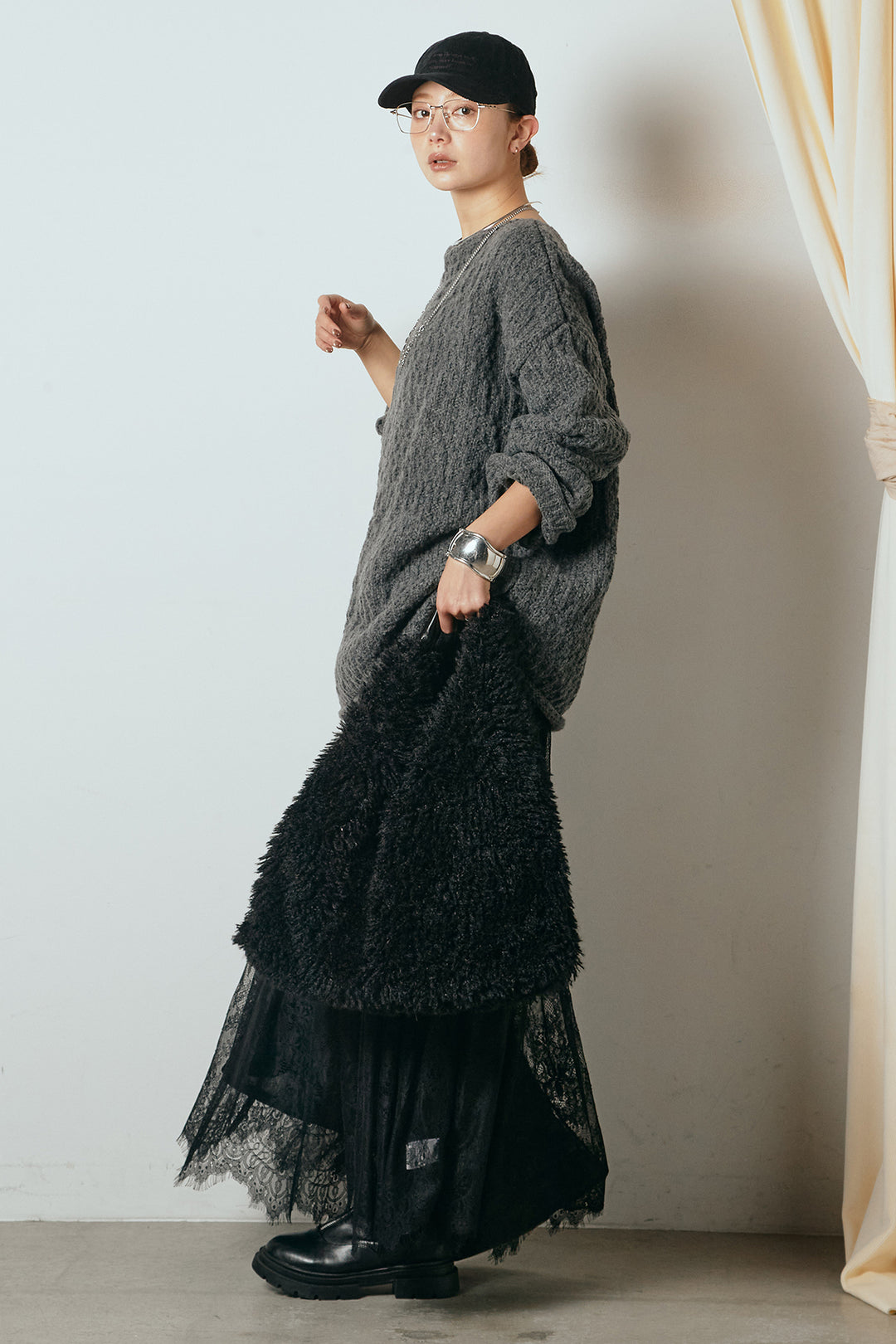 [SET]ボリューム編みニットプルオーバー+ひげレース切替ロング丈スカート(2set)